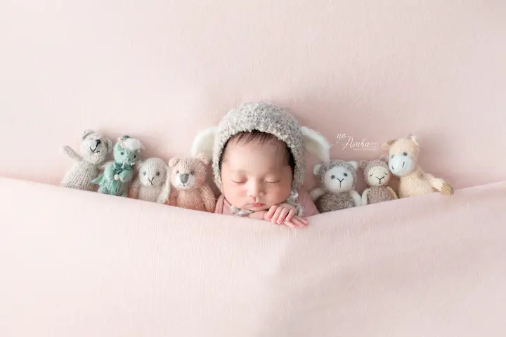 ニューボーンフォト_ピンクの背景でぬいぐるみに囲まれた新生児